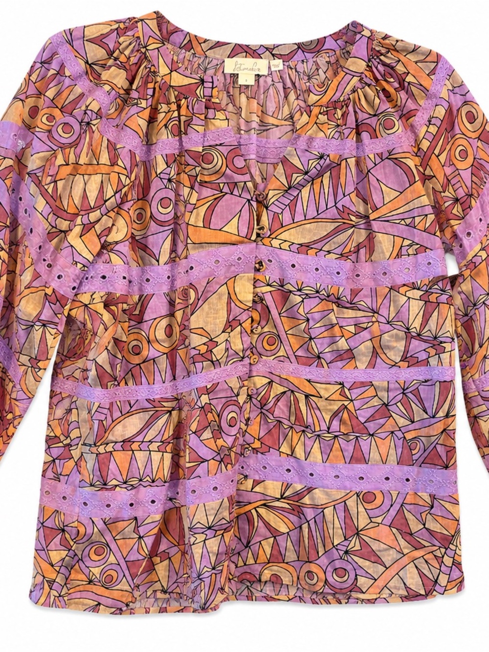 Anthropologie Let Me Be Lace Blouse Womens S Purple Orange Geometric - Picture 4 of 12